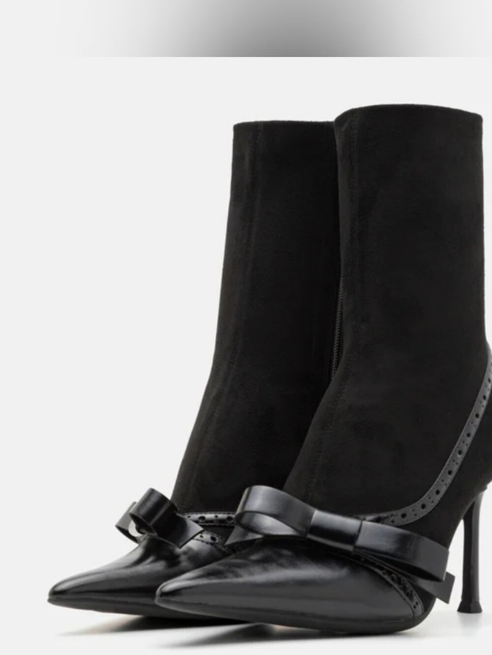 Jeffrey Campbell Black Brogue Bow Pointed Toe Sock Boots Heels 6.5